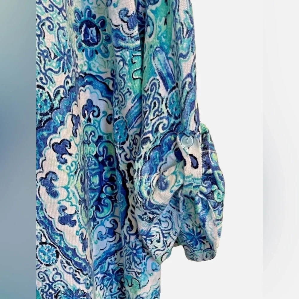 Talbots Medallion Print Lightweight Sweater XL Blue Green Roll Tab Sleeve Top